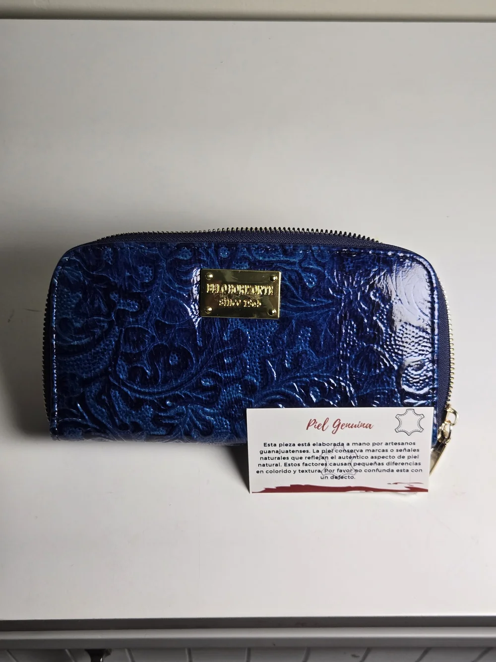 Blue Embossed Leather Zip Wallet - Handcrafted